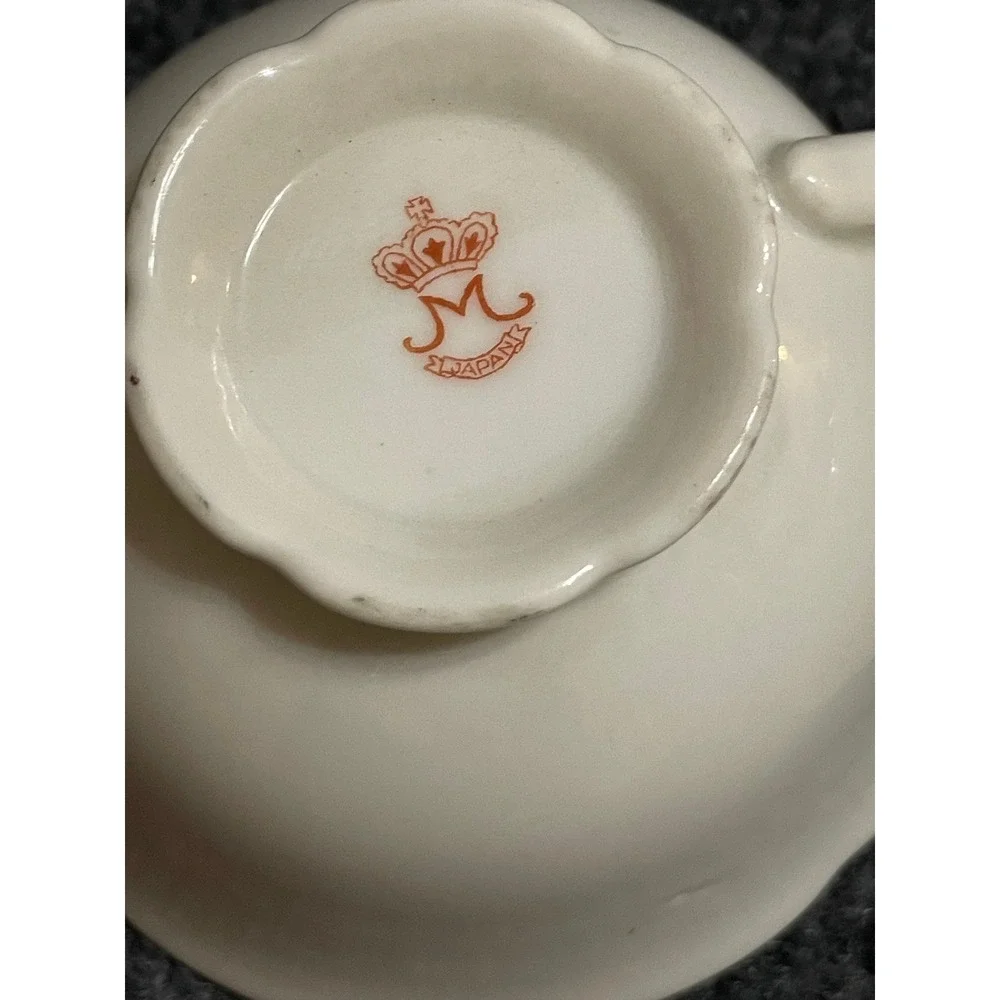 Vintage Maruyama Japan Porcelain Floral Teacups Set of 2 Pink Gold Scalloped Rim